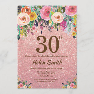 Roos Gold Glitter Pink Floral 30e verjaardag Kaart