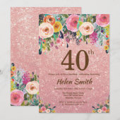 Roos Gold Glitter Pink Floral 40e verjaardag Kaart (Voorkant / Achterkant)