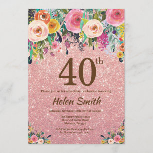 Roos Gold Glitter Pink Floral 40e verjaardag Kaart