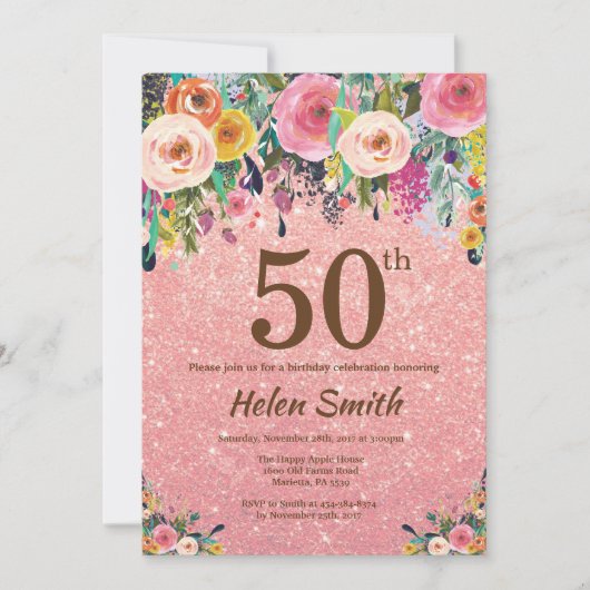 Roos Gold Glitter Pink Floral 50e verjaardag Kaart (Voorkant)
