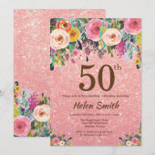 Roos Gold Glitter Pink Floral 50e verjaardag Kaart (Voorkant / Achterkant)