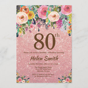Roos Gold Glitter Pink Floral 80e verjaardag Kaart