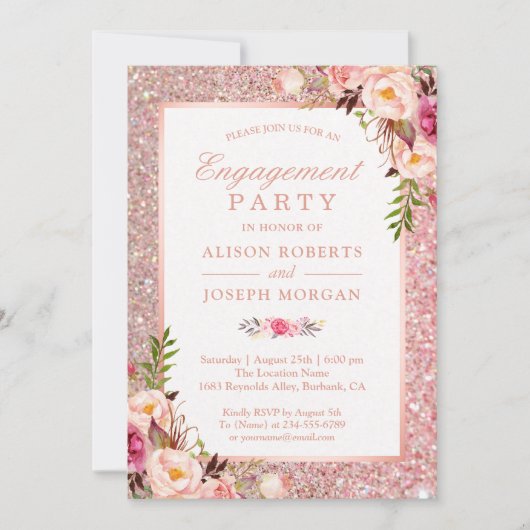 Roos Gold Glitter Pink Floral Engagement Party Kaart (Voorkant)