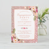 Roos Gold Glitter Pink Floral Engagement Party Kaart (Staand voorkant)