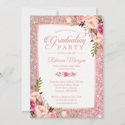 Roos Gold Glitter Pink Floral Gradual Party Kaart (Voorkant)