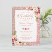 Roos Gold Glitter Pink Floral Gradual Party Kaart (Staand voorkant)