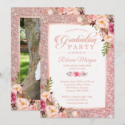 Roos Gold Glitter Pink Floral Gradual Party Kaart (Voorkant / Achterkant)