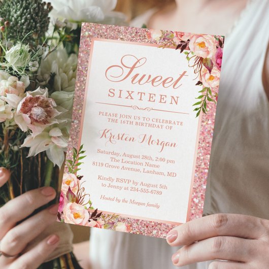 Roos Gold Glitter Pink Floral Sweet 16 Birthday Kaart