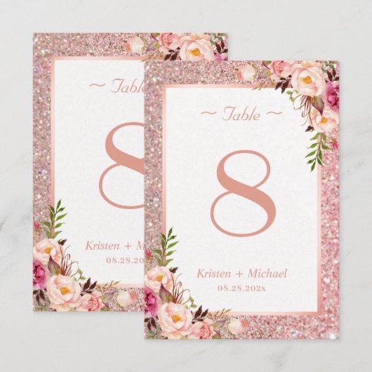 Roos Gold Glitter Pink Floral Weddenschappen RSVP Kaartje (Voorkant / Achterkant)