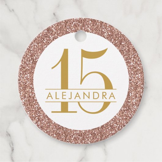 Roos Gold Glitter Pink Quince Años Bedankjes Labels (Voorkant)