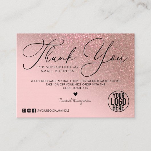 Roos Gold Glitter Pink Script Klant Hartelijk dank Visitekaartje (Voorkant)