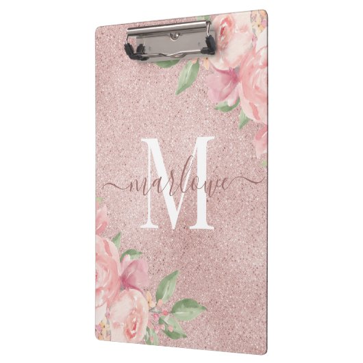 Roos Gold Glitter Pink Waterverf Floral Monogram Klembord (Links)