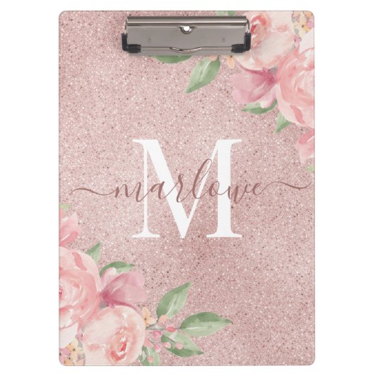 Roos Gold Glitter Pink Waterverf Floral Monogram Klembord (Voorkant)