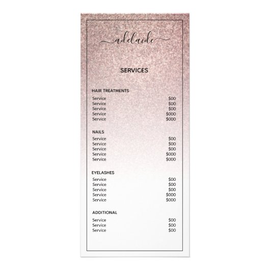 Roos Gold Glitter Price List Salon Service Menu (Achterkant)