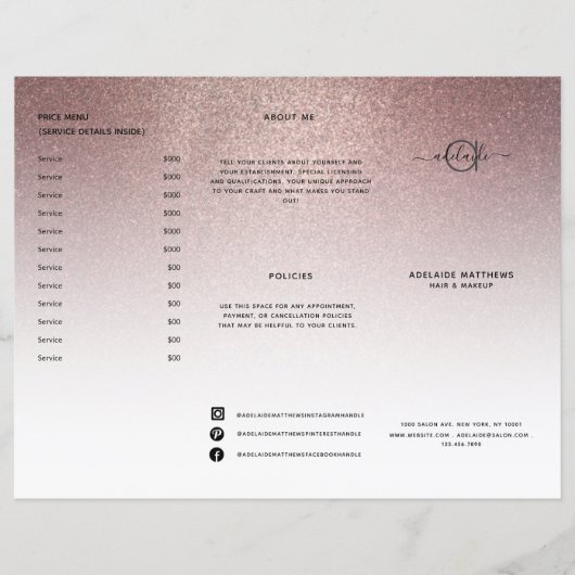 Roos Gold Glitter-prijslijstmenu (Voorkant)