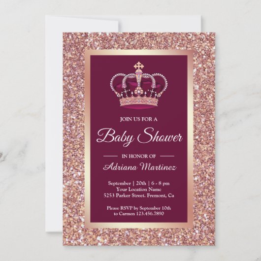 Roos Gold Glitter Princess Crown Pink Baby shower Kaart (Voorkant)