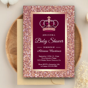 Roos Gold Glitter Princess Crown Pink Baby shower Kaart