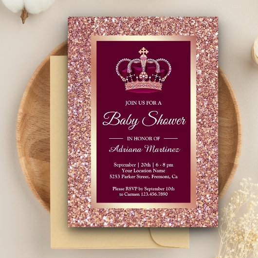 Roos Gold Glitter Princess Crown Pink Baby shower Kaart