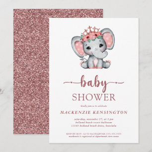 Roos Gold Glitter Princess Elephant Baby Girl Kaart