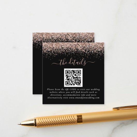 Roos Gold Glitter QR Code Black Weddenschap - Gege Informatiekaartje (Voorkant / Achterkant in situ)