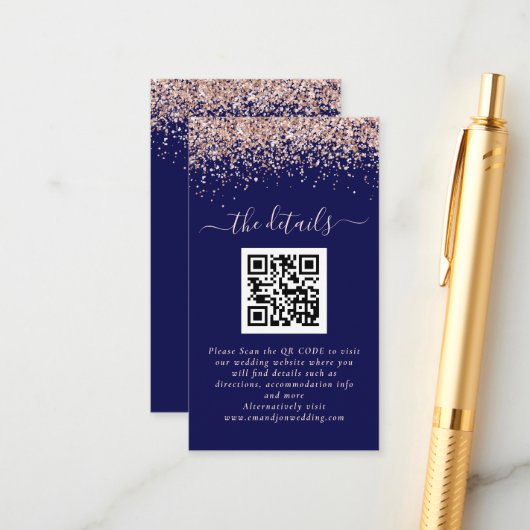 Roos Gold Glitter QR-code marinevrouw - Details Informatiekaartje (Voorkant / Achterkant in situ)