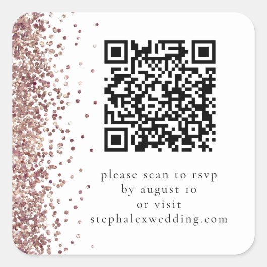 Roos Gold Glitter QR-code naar RSVP Wedding Vierkante Sticker (Voorkant)
