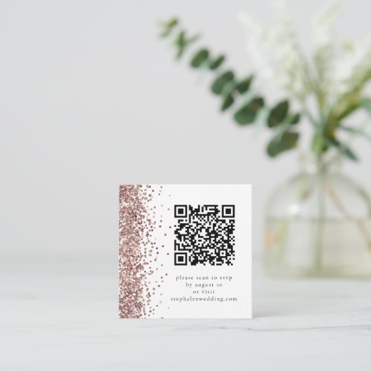 Roos Gold Glitter QR code RSVP Weddenschap Informatiekaartje (Staand voorkant)