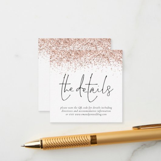 Roos Gold Glitter QR Code Weddenschap Details Informatiekaartje (Voorkant / Achterkant in situ)