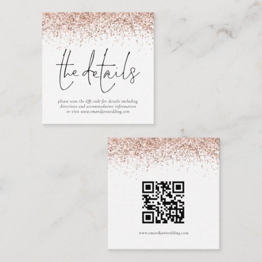 Roos Gold Glitter QR Code Weddenschap Details Informatiekaartje (Voorkant / Achterkant)