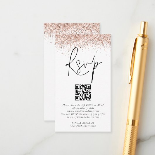 Roos Gold Glitter QR Code Weddenschap RSVP Informatiekaartje (Voorkant / Achterkant in situ)