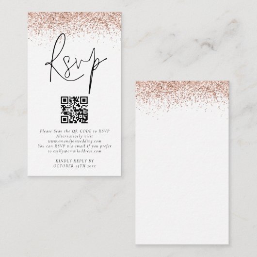 Roos Gold Glitter QR Code Weddenschap RSVP Informatiekaartje (Voorkant / Achterkant)