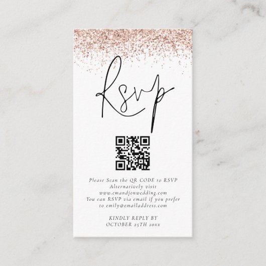 Roos Gold Glitter QR Code Weddenschap RSVP Informatiekaartje (Voorkant)