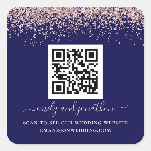 Roos Gold Glitter QR Code Wedding Website marine Vierkante Sticker (Voorkant)