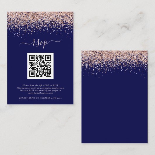 Roos Gold Glitter QR-code Weduwsmarine Blush RSVP Informatiekaartje (Voorkant / Achterkant)