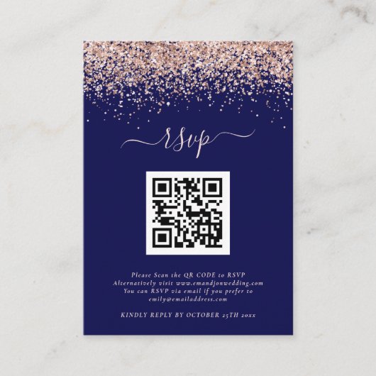 Roos Gold Glitter QR-code Weduwsmarine Blush RSVP Informatiekaartje (Voorkant)