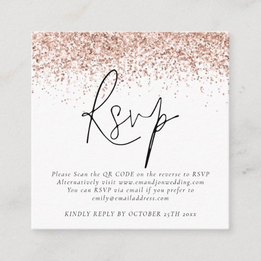Roos Gold Glitter QR-codescript bruiloft RSVP Informatiekaartje (Voorkant)