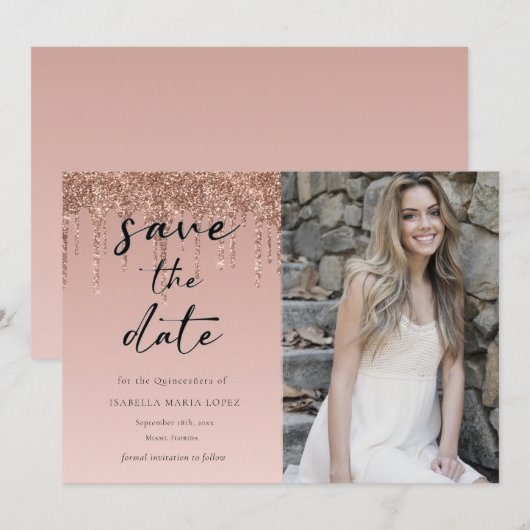 Roos Gold Glitter Quinceanera Save The Date (Voorkant / Achterkant)