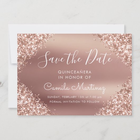 Roos Gold Glitter Quinceanera Sla de datum op Save The Date (Achterkant)