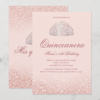 Roos Gold Glitter Quinceanera Uitnodigingen