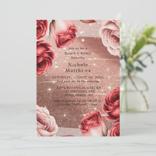 Roos Gold Glitter & Red Roses Brunch & Bubbly Kaart (Staand voorkant)