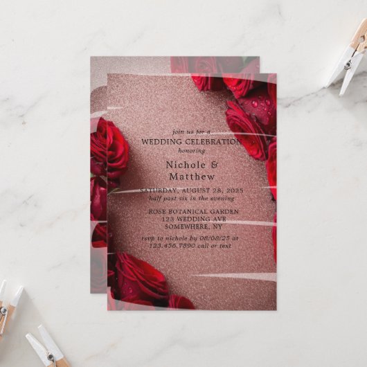 Roos Gold Glitter & Red Roses Huwelijksfeest Kaart (Voorkant / Achterkant in situ)