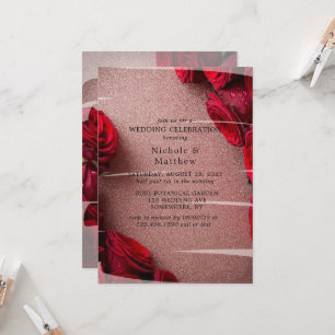 Roos Gold Glitter & Red Roses Huwelijksfeest Kaart