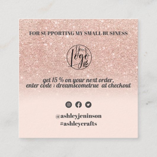 Roos Gold Glitter Retro Script Bestelling Dank u Vierkante Visitekaartje (Achterkant)