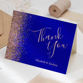 Roos Gold Glitter Royal Blue Wedding Dank u Kaart