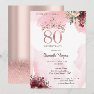 Roos Gold Glitter Rozen Crown 80th Birthday Party Kaart