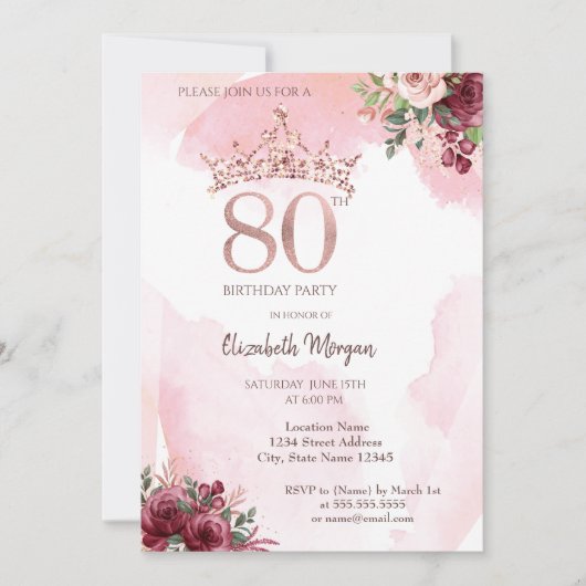 Roos Gold Glitter Rozen Crown 80th Birthday Party Kaart (Voorkant)