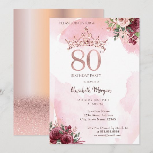 Roos Gold Glitter Rozen Crown 80th Birthday Party Kaart (Voorkant / Achterkant)