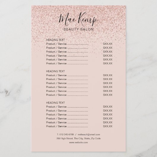 Roos Gold Glitter Salon Service Menu (Voorkant)