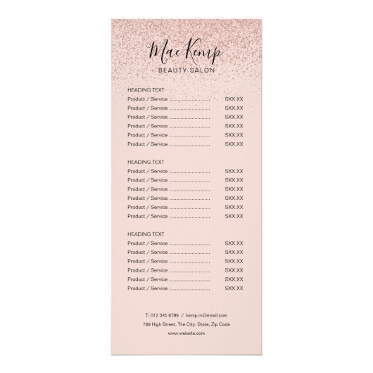 Roos Gold Glitter Salon Service Menu (Voorkant)