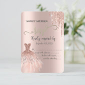 Roos Gold Glitter-schijven Dress Sweet 16 RSVP Kaart (Staand voorkant)